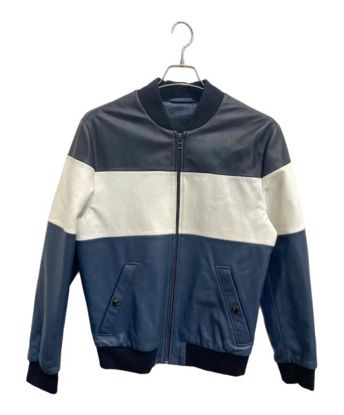 BOSS HUGO BOSS（ボス ヒューゴボス）BOSS HUGO BOSS (ボス ヒューゴボス) レザージャケット ブラック×ホワイト×ブルー サイズ:46の古着・服飾アイテム