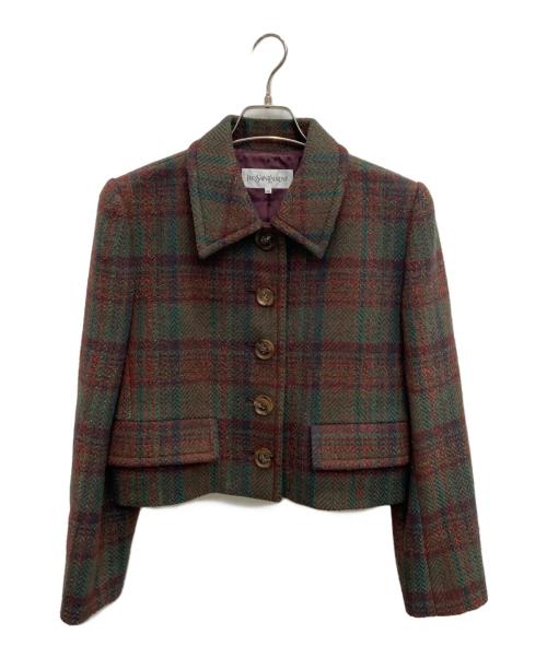 Yves Saint Laurent（イヴサンローラン）Yves Saint Laurent (イヴサンローラン) ツイードジャケット グリーン×ブラウン サイズ:36の古着・服飾アイテム
