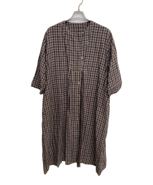 nest Robe（ネストローブ）nest Robe (ネストローブ) リネンチェック柄ワンピース ブラウン サイズ:FREEの古着・服飾アイテム