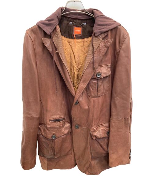BOSS HUGO BOSS（ボス ヒューゴボス）BOSS HUGO BOSS (ボス ヒューゴボス) フード付きラムレザージャケット ブラウン サイズ:052の古着・服飾アイテム