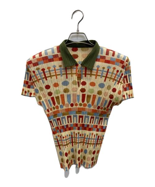 PLEATS PLEASE（プリーツプリーズ）PLEATS PLEASE (プリーツプリーズ) 総柄プリーツポロシャツ ベージュ サイズ:3の古着・服飾アイテム