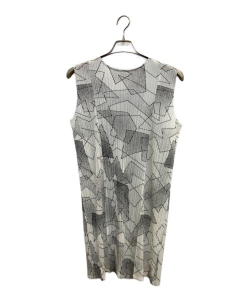 PLEATS PLEASE（プリーツプリーズ）PLEATS PLEASE (プリーツプリーズ) 幾何学プリントノースリーブワンピース ホワイト サイズ:3の古着・服飾アイテム