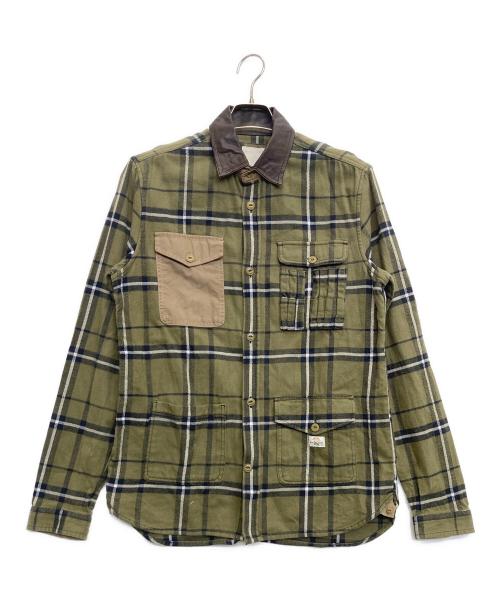 DIESEL（ディーゼル）DIESEL (ディーゼル) 襟レザーチェックシャツ オリーブ サイズ:Lの古着・服飾アイテム
