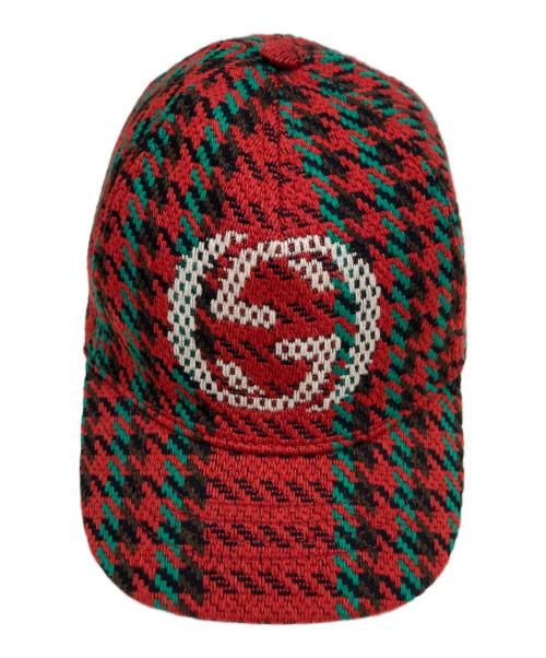 GUCCI（グッチ）GUCCI (グッチ) ハウンドトゥース インターロッキングG キャップ レッド サイズ:Sの古着・服飾アイテム