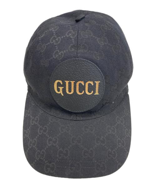 GUCCI（グッチ）GUCCI (グッチ) レザーワッペン GGキャンバス ベースボールキャップ ブラック サイズ:Sの古着・服飾アイテム