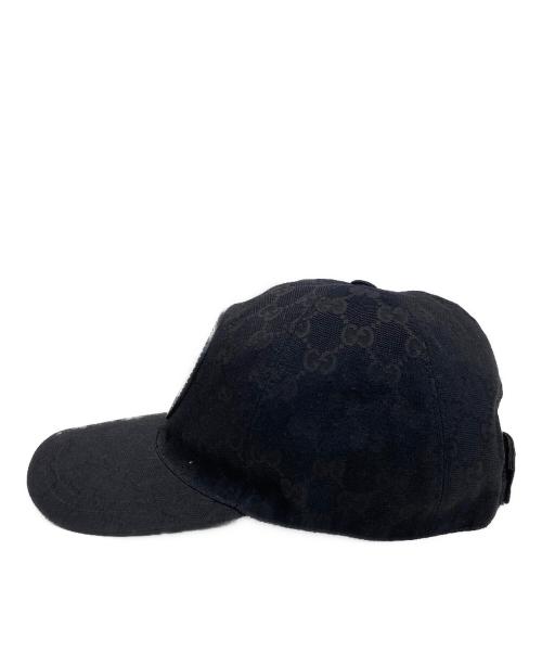 GUCCI（グッチ）GUCCI (グッチ) レザーワッペン GGキャンバス ベースボールキャップ ブラック サイズ:Sの古着・服飾アイテム