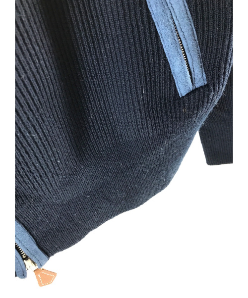 HERMES（エルメス）HERMES (エルメス) レザートリミング襟付きニットジャケット ネイビー サイズ:Lの古着・服飾アイテム