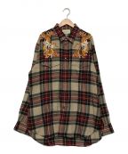 GUCCIグッチ）の古着「ドラゴン刺繍チェックシャツ」｜レッド