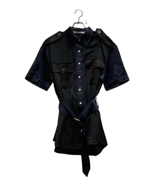 PETER DO（ピーター・ドゥ）PETER DO (ピーター・ドゥ) ベルト付きショートスリーブシャツ ネイビー×ブラック サイズ:34の古着・服飾アイテム