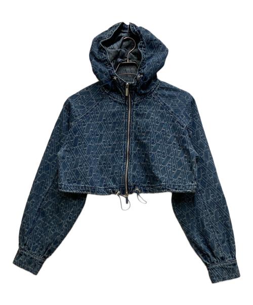 ARMANI EXCHANGE（アルマーニ エクスチェンジ）ARMANI EXCHANGE (アルマーニ エクスチェンジ) オールオーバーロゴ フーデッドデニムブルゾン インディゴ サイズ:XSの古着・服飾アイテム