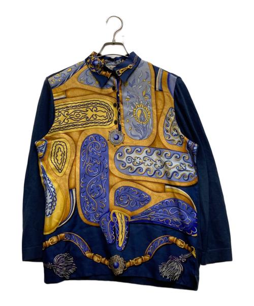 HERMES（エルメス）HERMES (エルメス) シルクスカーフ切替ニットシャツ ネイビー サイズ:Sの古着・服飾アイテム