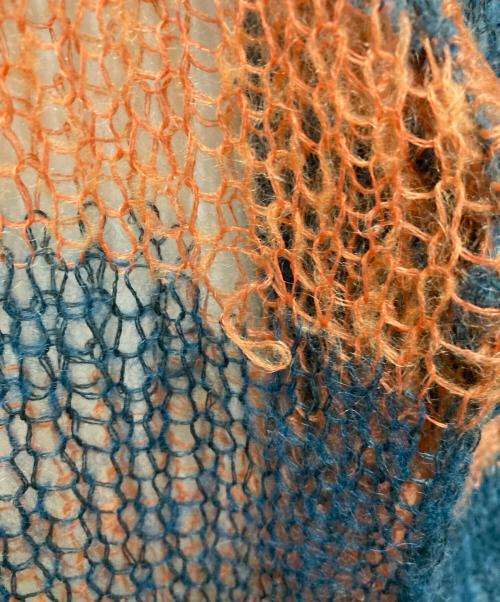 soduk（スドーク）soduk (スドーク) patchwork knit tops グリーン×オレンジ サイズ:FREEの古着・服飾アイテム