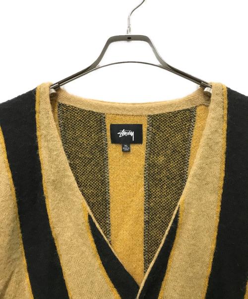stussy（ステューシー）stussy (ステューシー) モヘア混ストライプカーディガン ブラック×イエロー サイズ:XLの古着・服飾アイテム