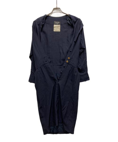 CHANEL（シャネル）CHANEL (シャネル) ノーカラーワンピース ネイビー サイズ:38の古着・服飾アイテム