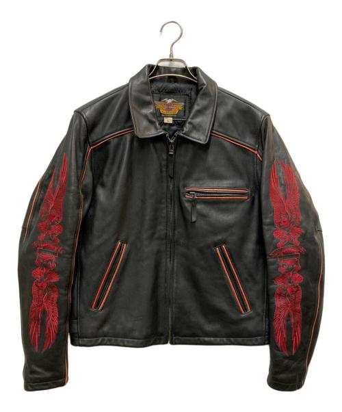 HARLEY-DAVIDSON（ハーレーダビッドソン）HARLEY-DAVIDSON (ハーレーダビッドソン) ジップアップレザージャケット 金赤糸刺繍 ブラック サイズ:Lの古着・服飾アイテム