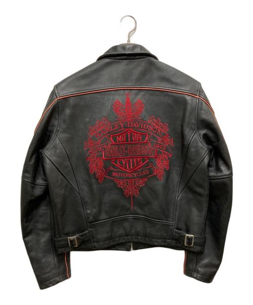 HARLEY-DAVIDSON（ハーレーダビッドソン）HARLEY-DAVIDSON (ハーレーダビッドソン) ジップアップレザージャケット 金赤糸刺繍 ブラック サイズ:Lの古着・服飾アイテム