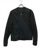 RICK OWENSリックオウエンス）の古着「レザー切替ノーカラージャケット」｜ネイビー×ブラック