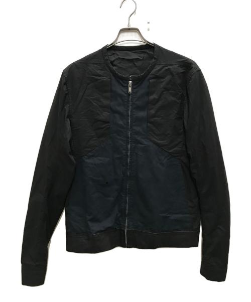 RICK OWENS（リックオウエンス）RICK OWENS (リックオウエンス) レザー切替ノーカラージャケット ネイビー×ブラック サイズ:52の古着・服飾アイテム