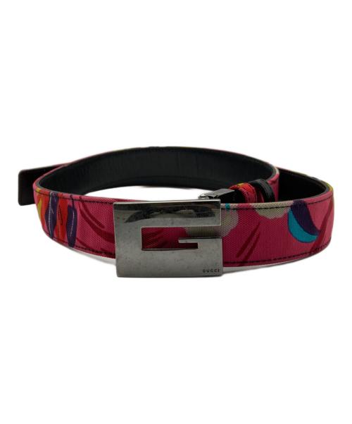 GUCCI（グッチ）GUCCI (グッチ) フラワー キャンバス レザーベルト ピンク サイズ:85 34の古着・服飾アイテム