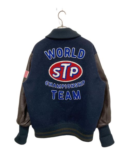 STP（エスティーピー）STP (エスティーピー) パッチレザースタジャン ネイビー サイズ:Lの古着・服飾アイテム