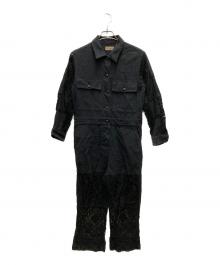 MALION VINTAGE（マリオンヴィンテージ）の古着「レース切替リネン混ジャンプスーツ」｜ブラック