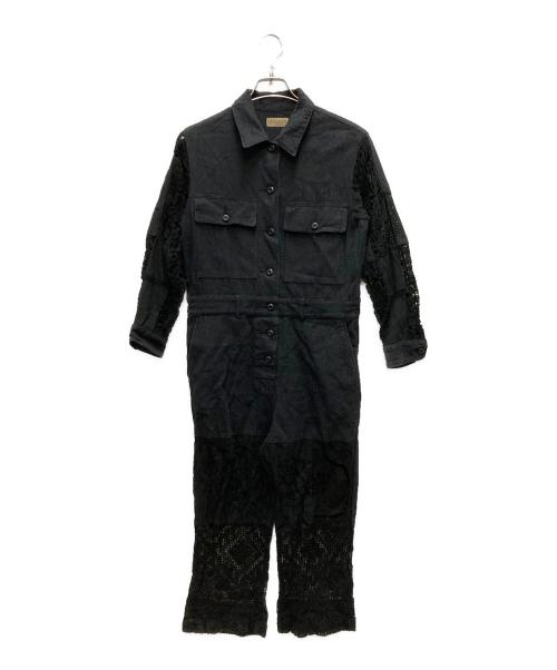 MALION VINTAGE（マリオンヴィンテージ）MALION VINTAGE (マリオンヴィンテージ) レース切替リネン混ジャンプスーツ ブラック サイズ:FREEの古着・服飾アイテム