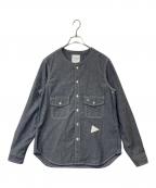 and wanderアンドワンダー）の古着「CORDURA indigo chambray collarless shirt コーデュラ・インディゴ・シャンブレー・カラーレス・シャツ 574-1983114」｜ブルー
