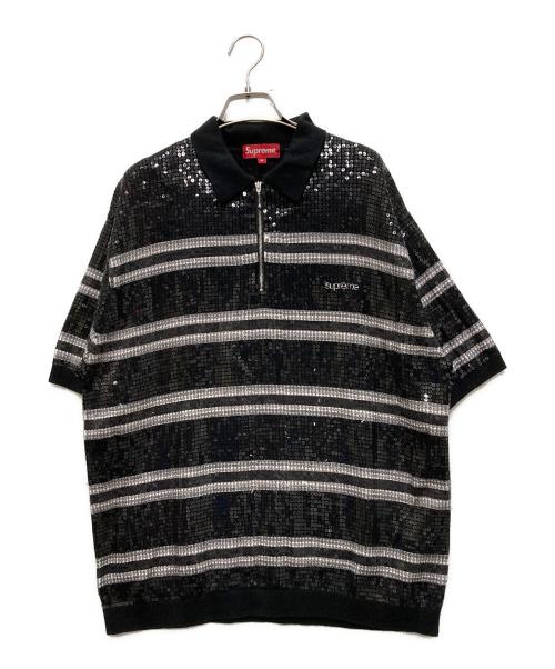 SUPREME（シュプリーム）Supreme (シュプリーム) Sequin Stripe Zip  Polo ブラック サイズ:Mの古着・服飾アイテム