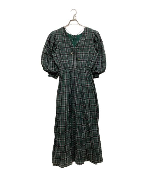ne quittez pas（ヌキテパ）ne quittez pas (ヌキテパ) Cotton Voile Check Volume Sleeve Dress グリーン サイズ:Sの古着・服飾アイテム