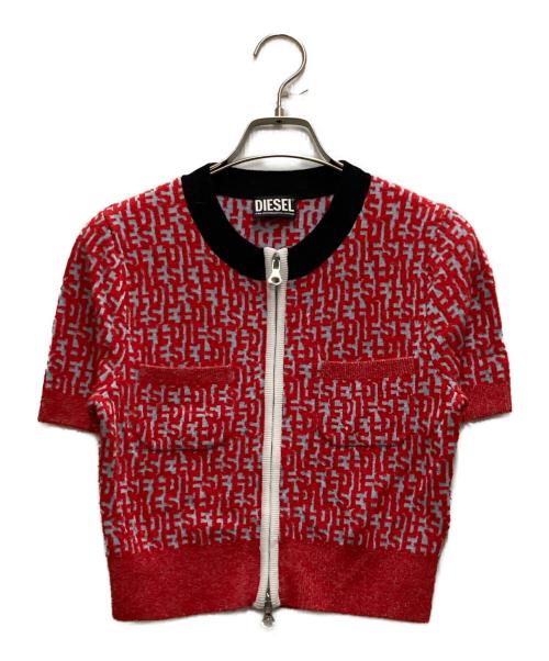 DIESEL（ディーゼル）DIESEL (ディーゼル) モノグラムジャガード半袖カーディガン レッド サイズ:Sの古着・服飾アイテム