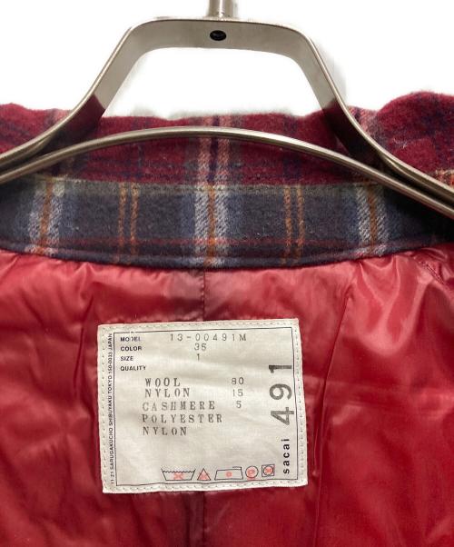 sacai（サカイ）sacai (サカイ) チェック切替ステンカラーコート レッド×ネイビー サイズ:1の古着・服飾アイテム
