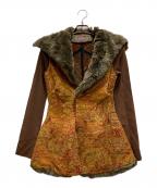 Yohji Yamamoto FEMMEヨウジヤマモトファム）の古着「ファー切替ウールシルクジャガードコート」｜イエロー×レッド