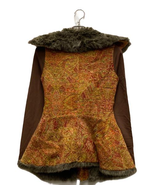 Yohji Yamamoto FEMME（ヨウジヤマモトファム）Yohji Yamamoto FEMME (ヨウジヤマモトファム) ファー切替ウールシルクジャガードコート イエロー×レッド サイズ:2の古着・服飾アイテム