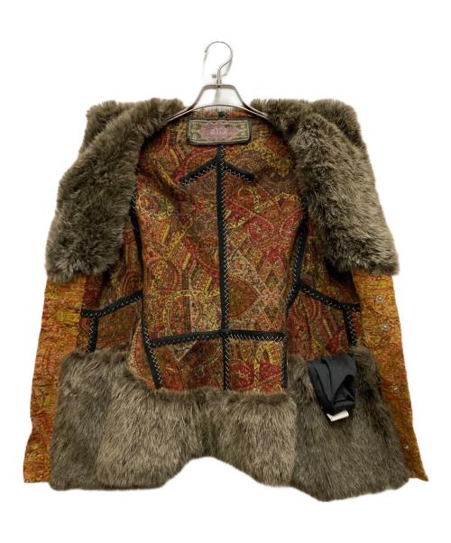 Yohji Yamamoto FEMME（ヨウジヤマモトファム）Yohji Yamamoto FEMME (ヨウジヤマモトファム) ファー切替ウールシルクジャガードコート イエロー×レッド サイズ:2の古着・服飾アイテム