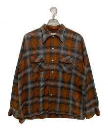 Ronella（ロネラ）の古着「60's~70's チェックレーヨンシャツ Ronella メンズ グレー×オレンジ SIZE 16 1/2 毛玉有 ＃」｜グレー×オレンジ