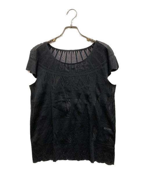 PLEATS PLEASE（プリーツプリーズ）PLEATS PLEASE (プリーツプリーズ) レースデザイン半袖カットソー ブラック サイズ:3の古着・服飾アイテム
