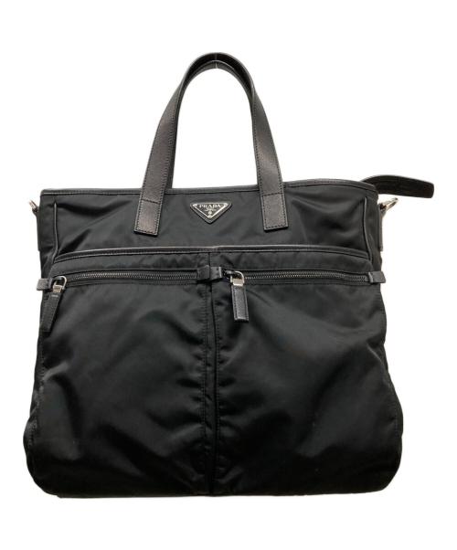 PRADA（プラダ）PRADA (プラダ) Re-Nylon xサフィアーノレザー トートバッグ ブラックの古着・服飾アイテム