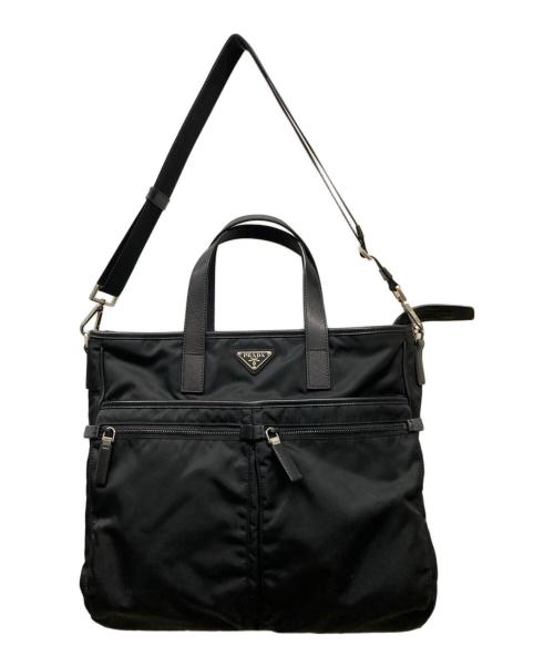PRADA（プラダ）PRADA (プラダ) Re-Nylon xサフィアーノレザー トートバッグ ブラックの古着・服飾アイテム