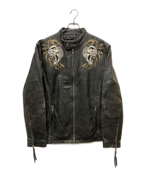 AFFLICTION（アフリクション）AFFLICTION (アフリクション) スカル刺繍 シングルライダース ブラック サイズ:Lの古着・服飾アイテム