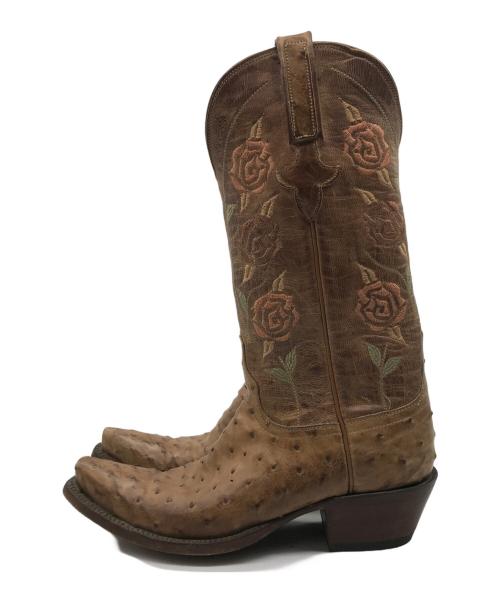 LUCCHESE（ルケーシー）LUCCHESE (ルケーシー) オーストリッチ 花刺繍 ウェスタンブーツ ブラウン サイズ:6.5の古着・服飾アイテム