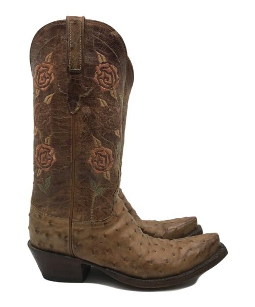 LUCCHESE（ルケーシー）LUCCHESE (ルケーシー) オーストリッチ 花刺繍 ウェスタンブーツ ブラウン サイズ:6.5の古着・服飾アイテム