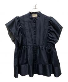 UNITED ARROWS TOKYO（ユナイテッドアローズトウキョウ）の古着「26SS シルキー ギャザー フリルブラウス ‐ウォッシャブル‐」｜ネイビー
