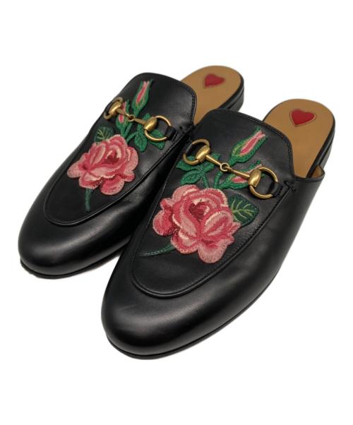 GUCCI（グッチ）GUCCI (グッチ) フラワー刺繍ホースビットレザーミュール ブラック サイズ:36の古着・服飾アイテム