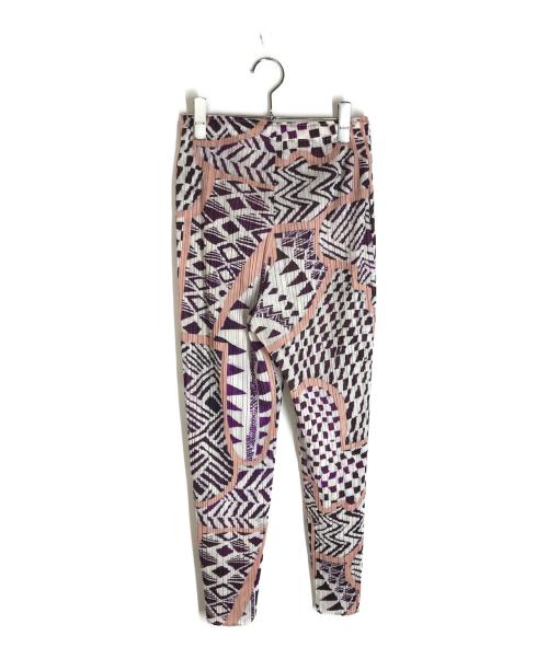 PLEATS PLEASE（プリーツプリーズ）PLEATS PLEASE (プリーツプリーズ) 総柄パンツ プリーツパンツ PP13-JF633 イッセイミヤケ ISSEY MIYAKE パープル×ホワイト サイズ:3の古着・服飾アイテム
