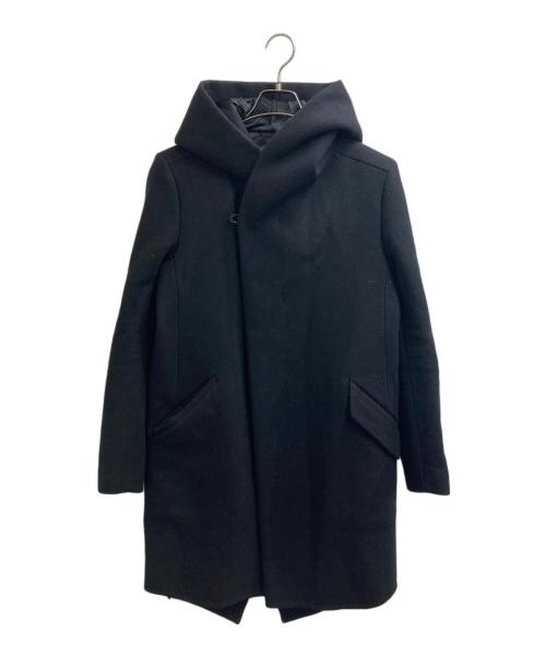 KAZUYUKI KUMAGAI ATTACHMENT（カズユキクマガイ アタッチメント）KAZUYUKI KUMAGAI ATTACHMENT カシミヤ混ダブルフェイスメルトン フーデッドコート / cashmere wrap coat / KC42-047 / Made in JAPAN ブラック サイズ:1の古着・服飾アイテム