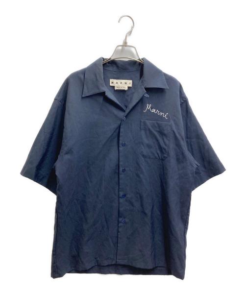MARNI（マルニ）MARNI (マルニ) トロピカルウール ロゴ刺繍 オープンカラー半袖シャツ CUMU0054A0 ネイビー サイズ:44の古着・服飾アイテム
