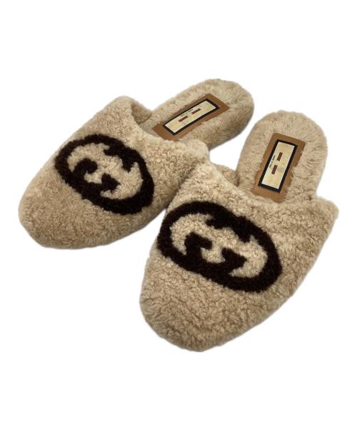 GUCCI（グッチ）GUCCI (グッチ) Eileen Logo print Shearling Slippers /アイリーン ロゴプリント シアリング スリッパ / イタリア製 / Made In Italy ベージュ サイズ:8の古着・服飾アイテム