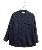 WHITE MOUNTAINEERINGホワイトマウンテ二アニング）の古着「バンドカラーリネンシャツ / band color linen shirt / RW2271102 / 22SS」｜ネイビー