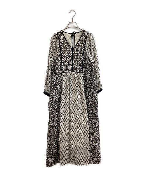 ne quittez pas（ヌキテパ）ne quittez pas (ヌキテパ) コットンジャガードコンビプリントギャザードレス / cotton jacquard combination print gather dress / 010431GQ1 ブラック サイズ:Mの古着・服飾アイテム