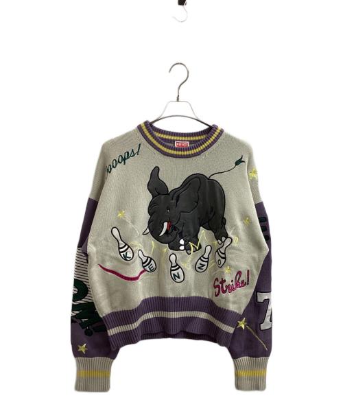 KENZO（ケンゾー）KENZO (ケンゾー) BOWLING ELEPHANT JUMPER SWEATER / ボウリング エレファント ジャンパー セーター / 23SS / FD55PU3623CM パープル×アイボリー サイズ:Mの古着・服飾アイテム